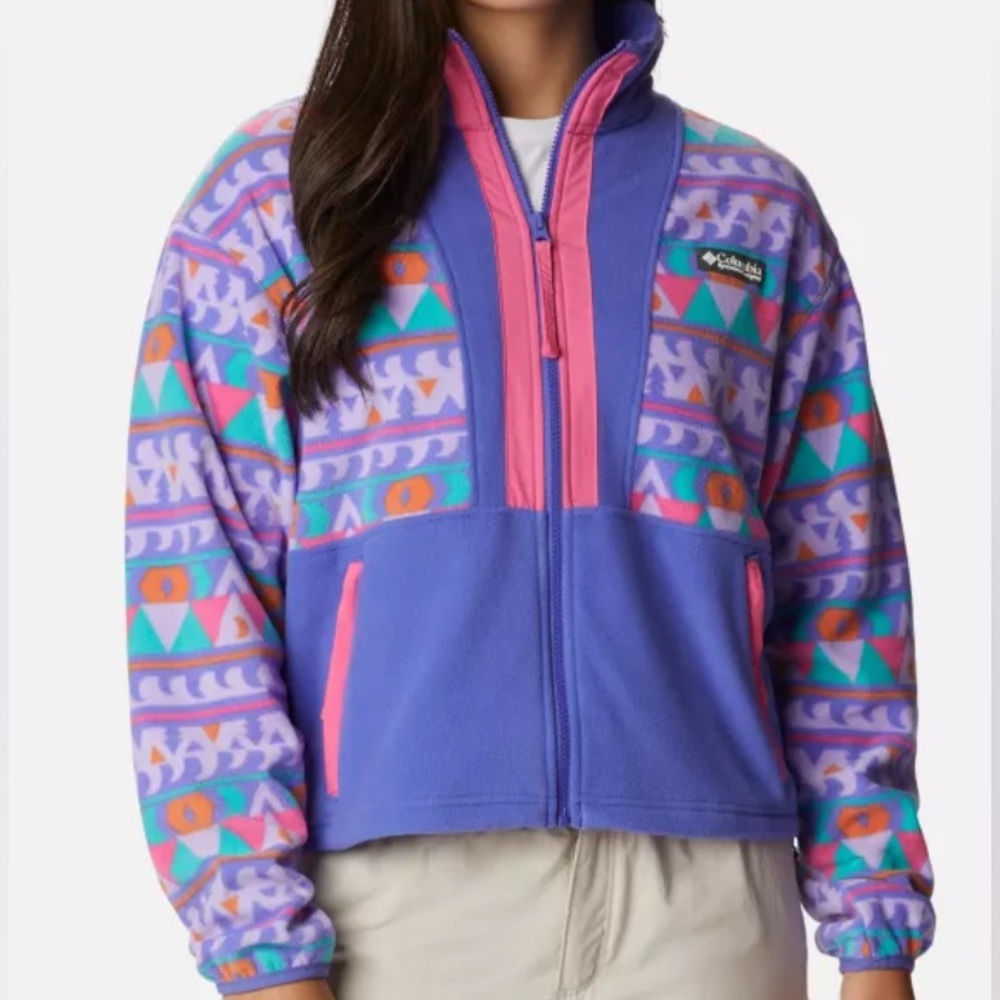 Columbia Colorful Fleece Jacket Full Zip Geometric Print Purple Womens XS NWT